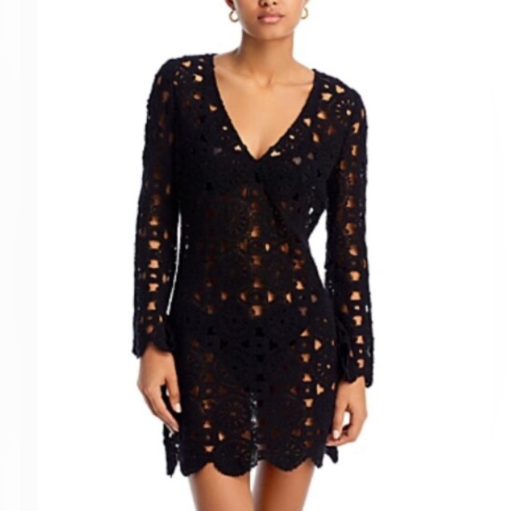 Aqua Swim Black Crochet Long Sleeve Dress (Size Medium)